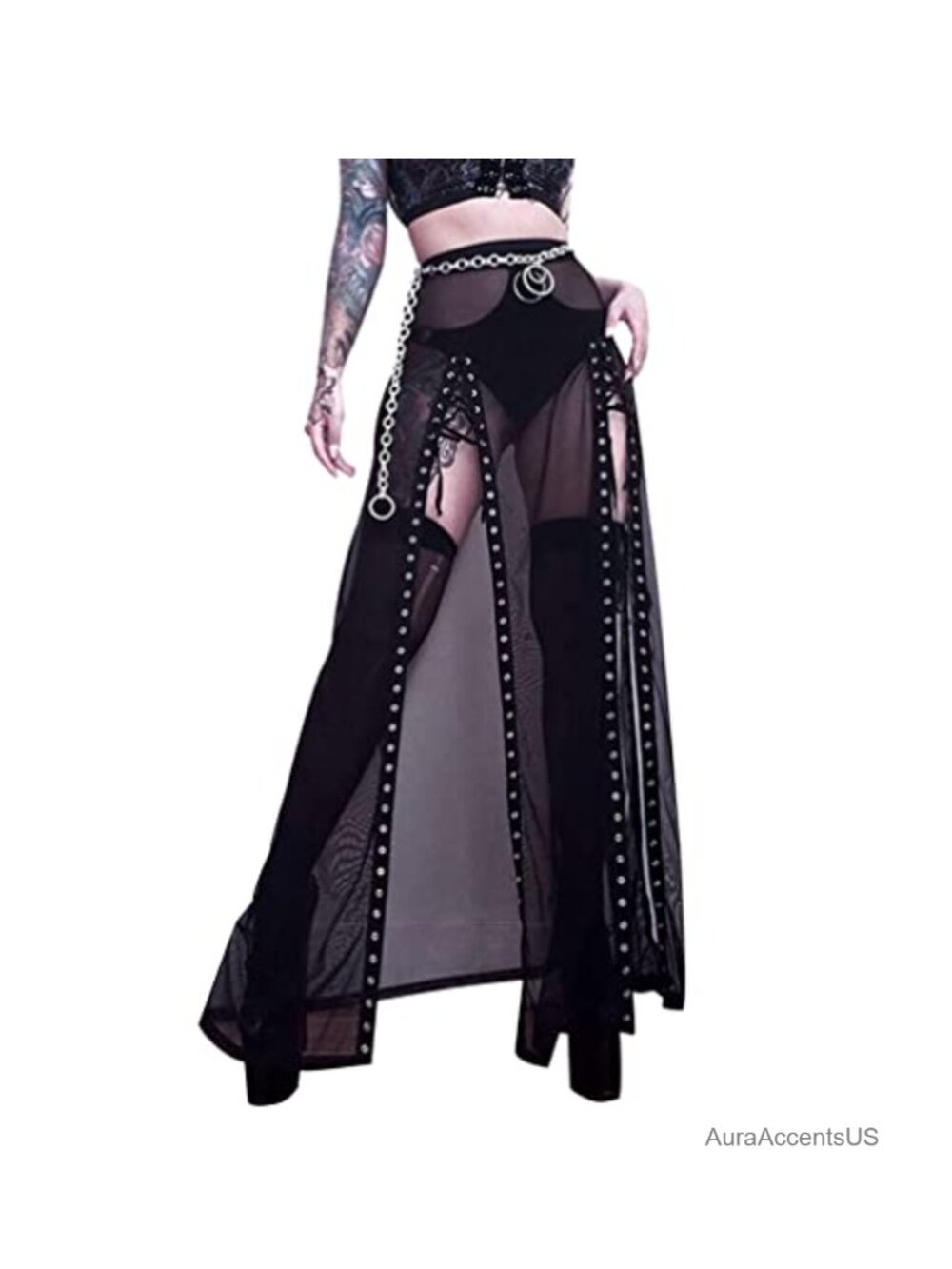 Women's Goth Maxi Skirt with Slits High Waist Sheer Mesh Long Skirt